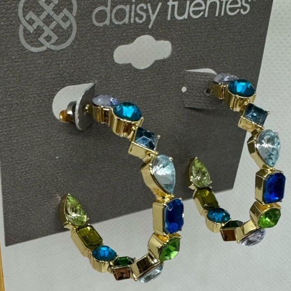 Daisy Fuentes Gold Tone Open Hoop Inside Outside Crystal Earrings 1.5 inch